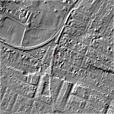 Shaded relief map of the ground around GL14UN, computed from Environment Agency LiDAR. The ground here sits at about 14 m above sea level and falls 9 m across the surrounding 800 m. Surface water reaching this point runs off ground lying to the south-east, 6.7 m higher.
