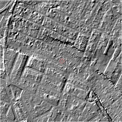 Shaded relief map of the ground around GL14UX, computed from Environment Agency LiDAR. The ground here sits at about 16 m above sea level and falls 10 m across the surrounding 800 m. Surface water reaching this point runs off ground lying to the south, 4.1 m higher.