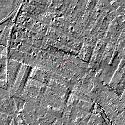Shaded relief map of the ground around GL14UY, computed from Environment Agency LiDAR. The ground here sits at about 16 m above sea level and falls 10 m across the surrounding 800 m. Surface water reaching this point runs off ground lying to the south-south-east, 6.6 m higher.