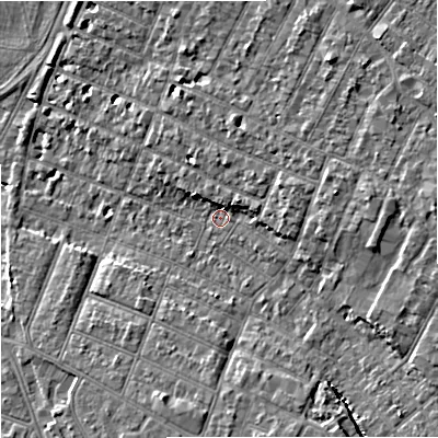 Shaded relief map of the ground around GL14UZ, computed from Environment Agency LiDAR. The ground here sits at about 16 m above sea level and falls 10 m across the surrounding 800 m. Surface water reaching this point runs off ground lying to the south-south-east, 6.2 m higher.