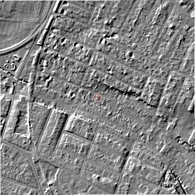 Shaded relief map of the ground around GL14XB, computed from Environment Agency LiDAR. The ground here sits at about 16 m above sea level and falls 9 m across the surrounding 800 m. Surface water reaching this point runs off ground lying to the south-south-east, 6.5 m higher.