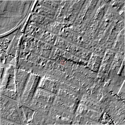 Shaded relief map of the ground around GL14XD, computed from Environment Agency LiDAR. The ground here sits at about 15 m above sea level and falls 9 m across the surrounding 800 m. Surface water reaching this point runs off ground lying to the south-south-east, 6.1 m higher.