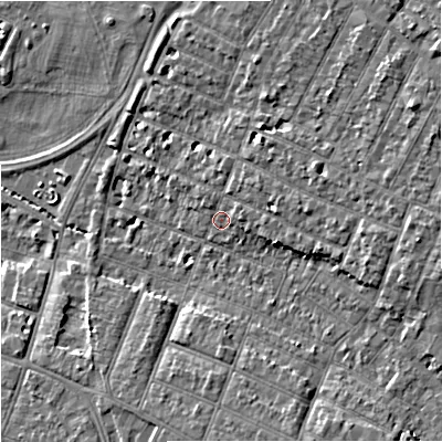 Shaded relief map of the ground around GL14XF, computed from Environment Agency LiDAR. The ground here sits at about 16 m above sea level and falls 9 m across the surrounding 800 m. Surface water reaching this point runs off ground lying to the east, 4.7 m higher.