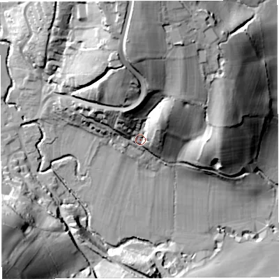 Shaded relief map of the ground around GL154AA, computed from Environment Agency LiDAR. The ground here sits at about 28 m above sea level and falls 58 m across the surrounding 800 m. Surface water reaching this point runs off ground lying to the north, 45.7 m higher.