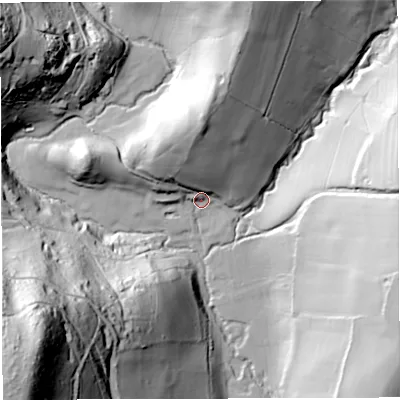Shaded relief map of the ground around GL154AF, computed from Environment Agency LiDAR. The ground here sits at about 42 m above sea level and falls 117 m across the surrounding 800 m. Surface water reaching this point runs off ground lying to the north, 36.7 m higher.