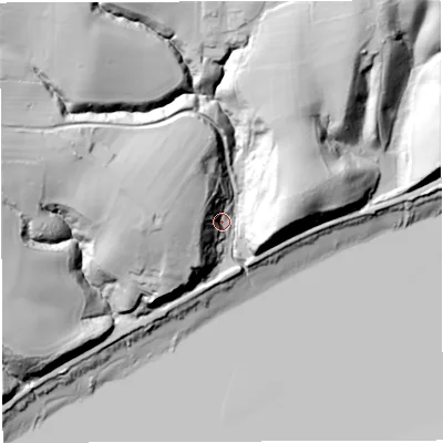Shaded relief map of the ground around GL154AU, computed from Environment Agency LiDAR. The ground here sits at about 12 m above sea level and falls 54 m across the surrounding 800 m. Surface water reaching this point runs off ground lying to the north-west, 44.1 m higher.