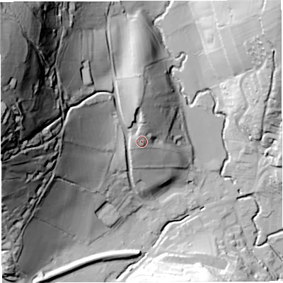 Shaded relief map of the ground around GL154AZ, computed from Environment Agency LiDAR. The ground here sits at about 47 m above sea level and falls 111 m across the surrounding 800 m. Surface water reaching this point runs off ground lying to the north, 5.6 m higher.