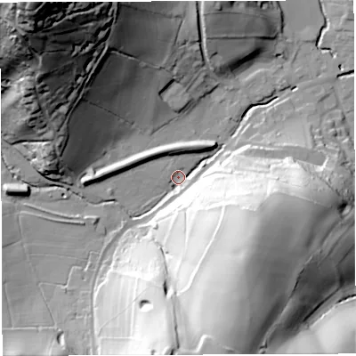 Shaded relief map of the ground around GL154DA, computed from Environment Agency LiDAR. The ground here sits at about 26 m above sea level and falls 92 m across the surrounding 800 m. Surface water reaching this point runs off ground lying to the south-south-east, 63.0 m higher.