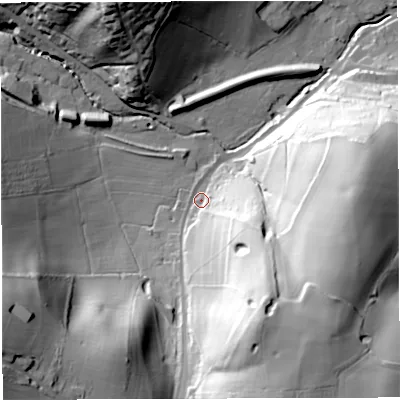 Shaded relief map of the ground around GL154DB, computed from Environment Agency LiDAR. The ground here sits at about 32 m above sea level and falls 67 m across the surrounding 800 m. Surface water reaching this point runs off ground lying to the south-east, 56.2 m higher.