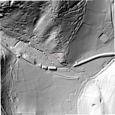 Shaded relief map of the ground around GL154DD, computed from Environment Agency LiDAR. The ground here sits at about 37 m above sea level and falls 97 m across the surrounding 800 m. Surface water reaching this point runs off ground lying to the north, 30.8 m higher.