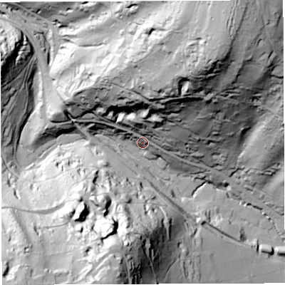 Shaded relief map of the ground around GL154DG, computed from Environment Agency LiDAR. The ground here sits at about 49 m above sea level and falls 124 m across the surrounding 800 m. Surface water reaching this point runs off ground lying to the north-east, 104.7 m higher.