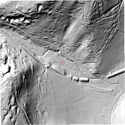 Shaded relief map of the ground around GL154DH, computed from Environment Agency LiDAR. The ground here sits at about 34 m above sea level and falls 116 m across the surrounding 800 m. Surface water reaching this point runs off ground lying to the west-south-west, 74.6 m higher.