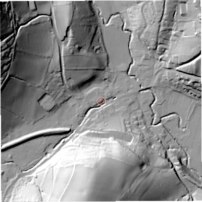 Shaded relief map of the ground around GL154DJ, computed from Environment Agency LiDAR. The ground here sits at about 25 m above sea level and falls 76 m across the surrounding 800 m. Surface water reaching this point runs off ground lying to the north-west, 72.2 m higher.