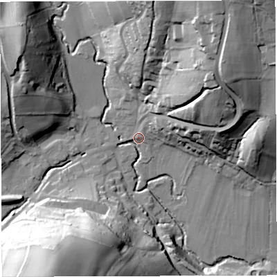 Shaded relief map of the ground around GL154DP, computed from Environment Agency LiDAR. The ground here sits at about 23 m above sea level and falls 60 m across the surrounding 800 m. Surface water reaching this point runs off ground lying to the south-south-west, 56.5 m higher.