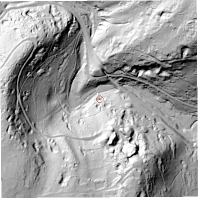 Shaded relief map of the ground around GL154DQ, computed from Environment Agency LiDAR. The ground here sits at about 47 m above sea level and falls 110 m across the surrounding 800 m. Surface water reaching this point runs off ground lying to the south-west, 103.1 m higher.