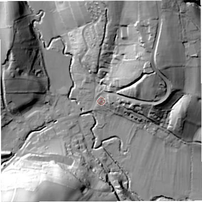 Shaded relief map of the ground around GL154DR, computed from Environment Agency LiDAR. The ground here sits at about 25 m above sea level and falls 60 m across the surrounding 800 m. Surface water reaching this point runs off ground lying to the north-east, 48.5 m higher.