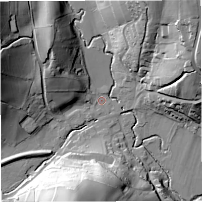 Shaded relief map of the ground around GL154DW, computed from Environment Agency LiDAR. The ground here sits at about 22 m above sea level and falls 59 m across the surrounding 800 m. Surface water reaching this point runs off ground lying to the south-south-west, 54.2 m higher.