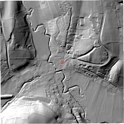 Shaded relief map of the ground around GL154DX, computed from Environment Agency LiDAR. The ground here sits at about 24 m above sea level and falls 60 m across the surrounding 800 m. Surface water reaching this point runs off ground lying to the north-east, 53.8 m higher.