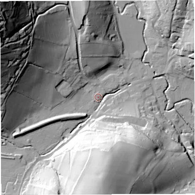 Shaded relief map of the ground around GL154DZ, computed from Environment Agency LiDAR. The ground here sits at about 25 m above sea level and falls 98 m across the surrounding 800 m. Surface water reaching this point runs off ground lying to the north-west, 94.6 m higher.