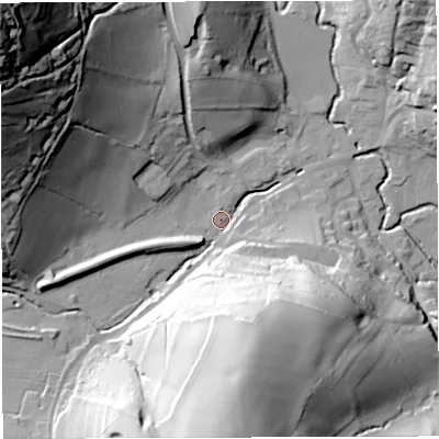 Shaded relief map of the ground around GL154EA, computed from Environment Agency LiDAR. The ground here sits at about 25 m above sea level and falls 98 m across the surrounding 800 m. Surface water reaching this point runs off ground lying to the north-west, 91.8 m higher.