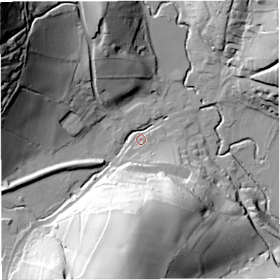 Shaded relief map of the ground around GL154EB, computed from Environment Agency LiDAR. The ground here sits at about 25 m above sea level and falls 80 m across the surrounding 800 m. Surface water reaching this point runs off ground lying to the north-west, 75.8 m higher.