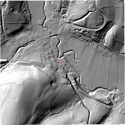 Shaded relief map of the ground around GL154ED, computed from Environment Agency LiDAR. The ground here sits at about 21 m above sea level and falls 69 m across the surrounding 800 m. Surface water reaching this point runs off ground lying to the south-west, 48.6 m higher.