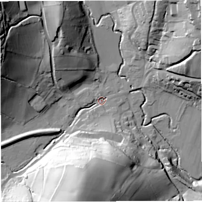 Shaded relief map of the ground around GL154EE, computed from Environment Agency LiDAR. The ground here sits at about 23 m above sea level and falls 63 m across the surrounding 800 m. Surface water reaching this point runs off ground lying to the north-west, 58.6 m higher.