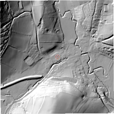 Shaded relief map of the ground around GL154EG, computed from Environment Agency LiDAR. The ground here sits at about 24 m above sea level and falls 85 m across the surrounding 800 m. Surface water reaching this point runs off ground lying to the west, 1.0 m higher.