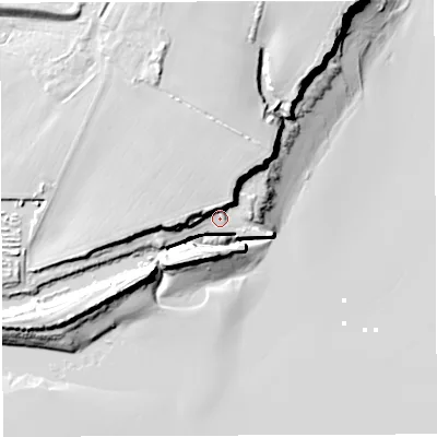 Shaded relief map of the ground around GL154ER, computed from Environment Agency LiDAR. The ground here sits at about 10 m above sea level and falls 26 m across the surrounding 800 m. Surface water reaching this point runs off ground lying to the north, 9.5 m higher.