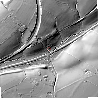 Shaded relief map of the ground around GL154ES, computed from Environment Agency LiDAR. The ground here sits at about 14 m above sea level and falls 27 m across the surrounding 800 m. Surface water reaching this point runs off ground lying to the north, 24.4 m higher.