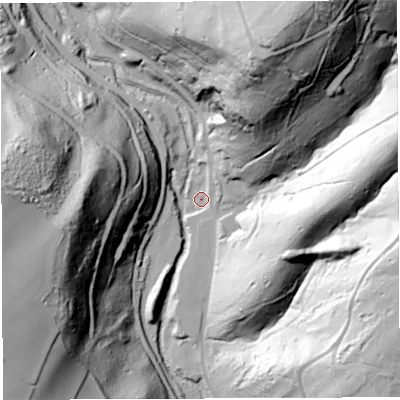 Shaded relief map of the ground around GL154ET, computed from Environment Agency LiDAR. The ground here sits at about 20 m above sea level and falls 88 m across the surrounding 800 m. Surface water reaching this point runs off ground lying to the north-north-east, 86.0 m higher.