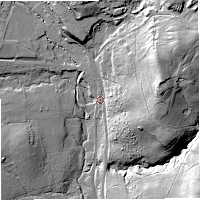 Shaded relief map of the ground around GL154HG, computed from Environment Agency LiDAR. The ground here sits at about 46 m above sea level and falls 56 m across the surrounding 800 m. Surface water reaching this point runs off ground lying to the east-north-east, 46.6 m higher.