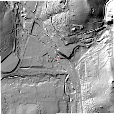 Shaded relief map of the ground around GL154JA, computed from Environment Agency LiDAR. The ground here sits at about 45 m above sea level and falls 66 m across the surrounding 800 m. Surface water reaching this point runs off ground lying to the north-north-east, 61.2 m higher.