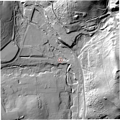 Shaded relief map of the ground around GL154JD, computed from Environment Agency LiDAR. The ground here sits at about 46 m above sea level and falls 69 m across the surrounding 800 m. Surface water reaching this point runs off ground lying to the north-east, 64.0 m higher.