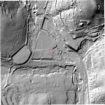 Shaded relief map of the ground around GL154JE, computed from Environment Agency LiDAR. The ground here sits at about 48 m above sea level and falls 64 m across the surrounding 800 m. Surface water reaching this point runs off ground lying to the west, 10.0 m higher.