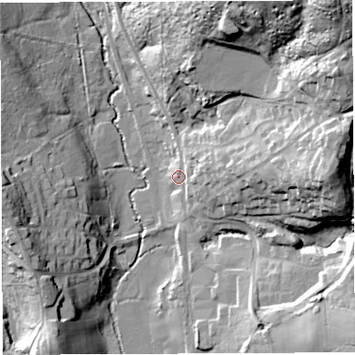 Shaded relief map of the ground around GL154PA, computed from Environment Agency LiDAR. The ground here sits at about 38 m above sea level and falls 48 m across the surrounding 800 m. Surface water reaching this point runs off ground lying to the east, 15.3 m higher.