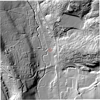 Shaded relief map of the ground around GL154PB, computed from Environment Agency LiDAR. The ground here sits at about 34 m above sea level and falls 48 m across the surrounding 800 m. Surface water reaching this point runs off ground lying to the north-east, 45.3 m higher.