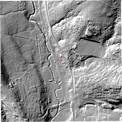 Shaded relief map of the ground around GL154PD, computed from Environment Agency LiDAR. The ground here sits at about 35 m above sea level and falls 60 m across the surrounding 800 m. Surface water reaching this point runs off ground lying to the north-east, 55.9 m higher.