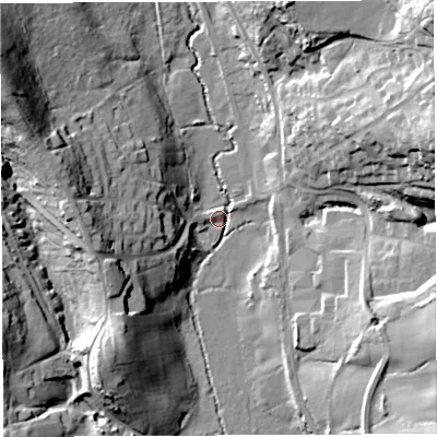 Shaded relief map of the ground around GL154PE, computed from Environment Agency LiDAR. The ground here sits at about 33 m above sea level and falls 40 m across the surrounding 800 m. Surface water reaching this point runs off ground lying to the west-north-west, 39.5 m higher.