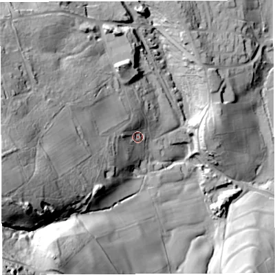 Shaded relief map of the ground around GL154PN, computed from Environment Agency LiDAR. The ground here sits at about 53 m above sea level and falls 96 m across the surrounding 800 m. Surface water reaching this point runs off ground lying to the west-south-west, 65.7 m higher.