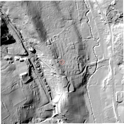 Shaded relief map of the ground around GL154PQ, computed from Environment Agency LiDAR. The ground here sits at about 50 m above sea level and falls 70 m across the surrounding 800 m. Surface water reaching this point runs off ground lying to the north-west, 10.6 m higher.