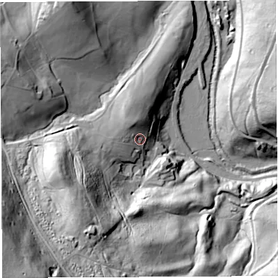 Shaded relief map of the ground around GL154PS, computed from Environment Agency LiDAR. The ground here sits at about 49 m above sea level and falls 97 m across the surrounding 800 m. Surface water reaching this point runs off ground lying to the west, 7.3 m higher.