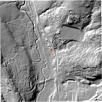 Shaded relief map of the ground around GL154PX, computed from Environment Agency LiDAR. The ground here sits at about 36 m above sea level and falls 54 m across the surrounding 800 m. Surface water reaching this point runs off ground lying to the north-east, 50.2 m higher.