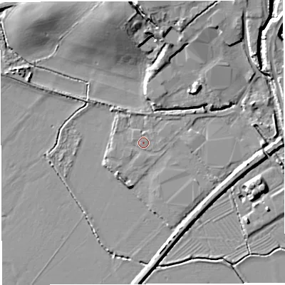Shaded relief map of the ground around GL155AA, computed from Environment Agency LiDAR. The ground here sits at about 8 m above sea level and falls 12 m across the surrounding 800 m. Surface water reaching this point runs off ground lying to the east, 0.9 m higher.