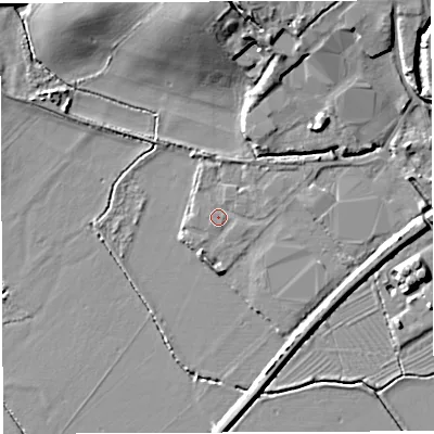 Shaded relief map of the ground around GL155DA, computed from Environment Agency LiDAR. The ground here sits at about 8 m above sea level and falls 12 m across the surrounding 800 m. Surface water reaching this point runs off ground lying to the east, 0.9 m higher.