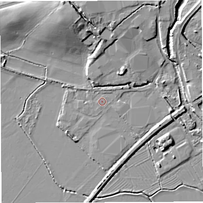 Shaded relief map of the ground around GL155DS, computed from Environment Agency LiDAR. The ground here sits at about 8 m above sea level and falls 12 m across the surrounding 800 m. The ground contributing surface water to this point lies to the east.