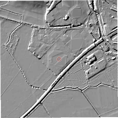 Shaded relief map of the ground around GL155EL, computed from Environment Agency LiDAR. The ground here sits at about 8 m above sea level and falls 7 m across the surrounding 800 m. The ground contributing surface water to this point lies to the west-south-west.