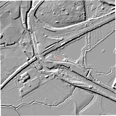 Shaded relief map of the ground around GL155ES, computed from Environment Agency LiDAR. The ground here sits at about 9 m above sea level and falls 8 m across the surrounding 800 m. Surface water reaching this point runs off ground lying to the west-south-west, 4.3 m higher.