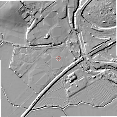 Shaded relief map of the ground around GL155EU, computed from Environment Agency LiDAR. The ground here sits at about 8 m above sea level and falls 12 m across the surrounding 800 m. The ground contributing surface water to this point lies to the west-south-west.