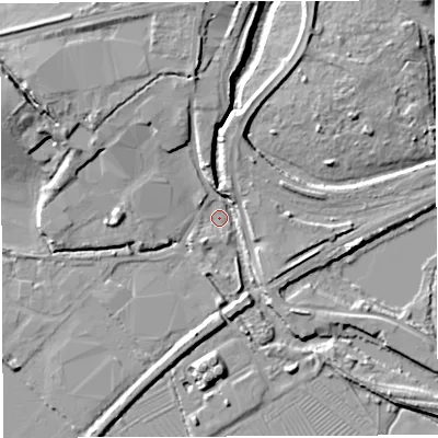 Shaded relief map of the ground around GL155EW, computed from Environment Agency LiDAR. The ground here sits at about 9 m above sea level and falls 12 m across the surrounding 800 m. Surface water reaching this point runs off ground lying to the north, 7.3 m higher.